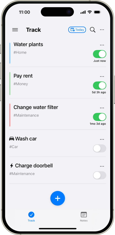 NotedThat App Interface showing timeline of logged activities