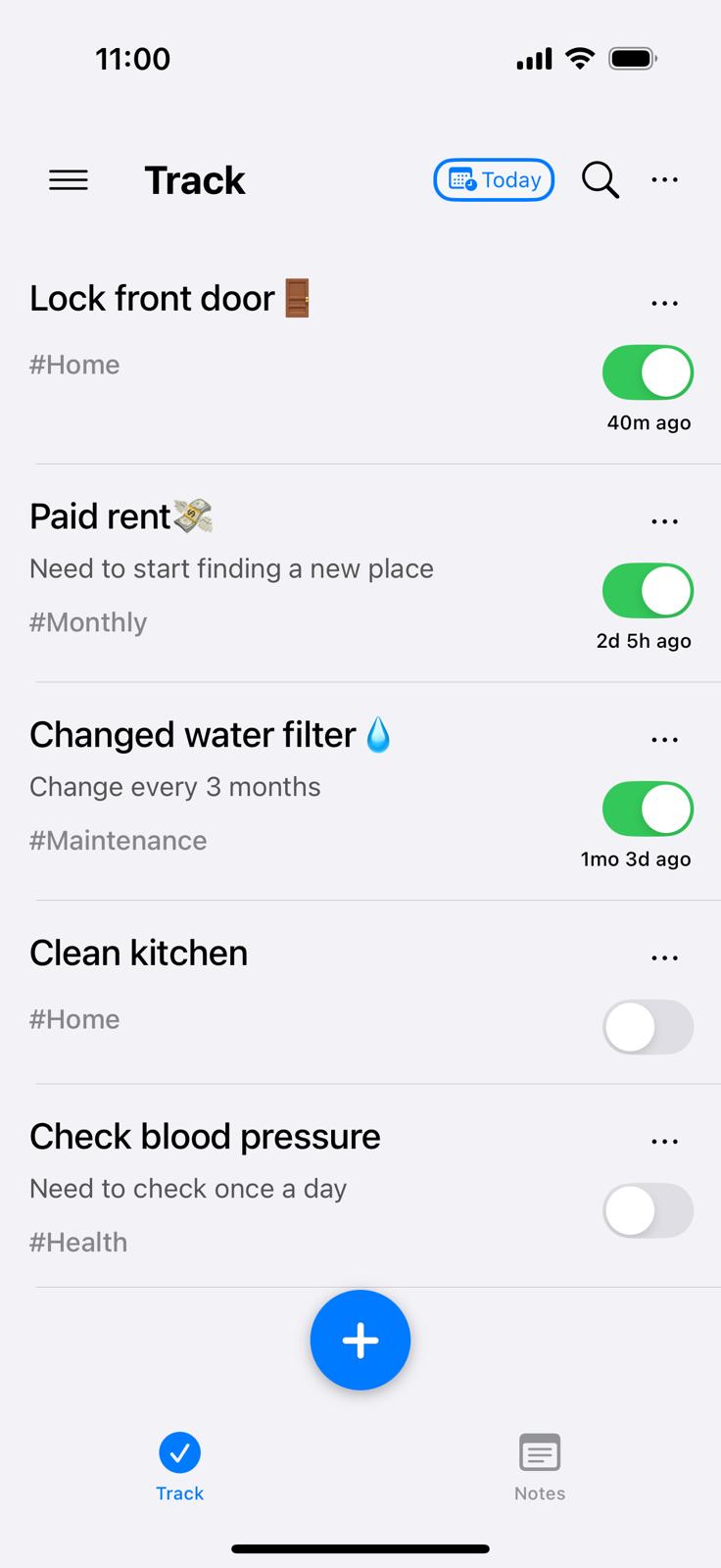 NotedThat App Interface showing timeline of logged activities