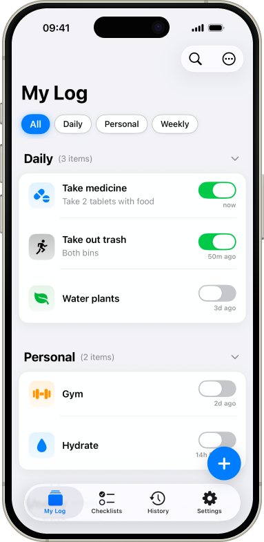 NotedThat app showing a list of tracked activities with timestamps