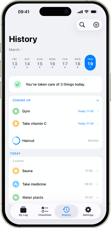 NotedThat history view showing a timeline of past activities